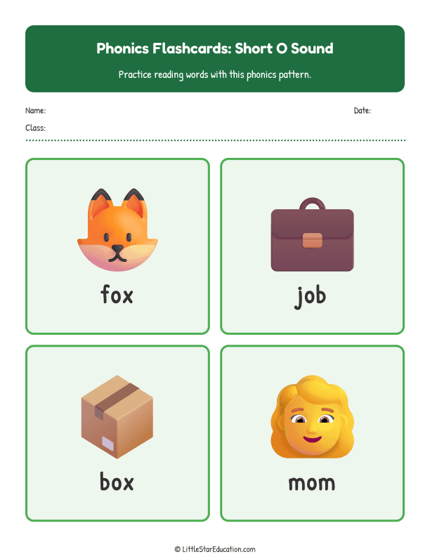 Elementary Phonics Flashcards Short O Sound