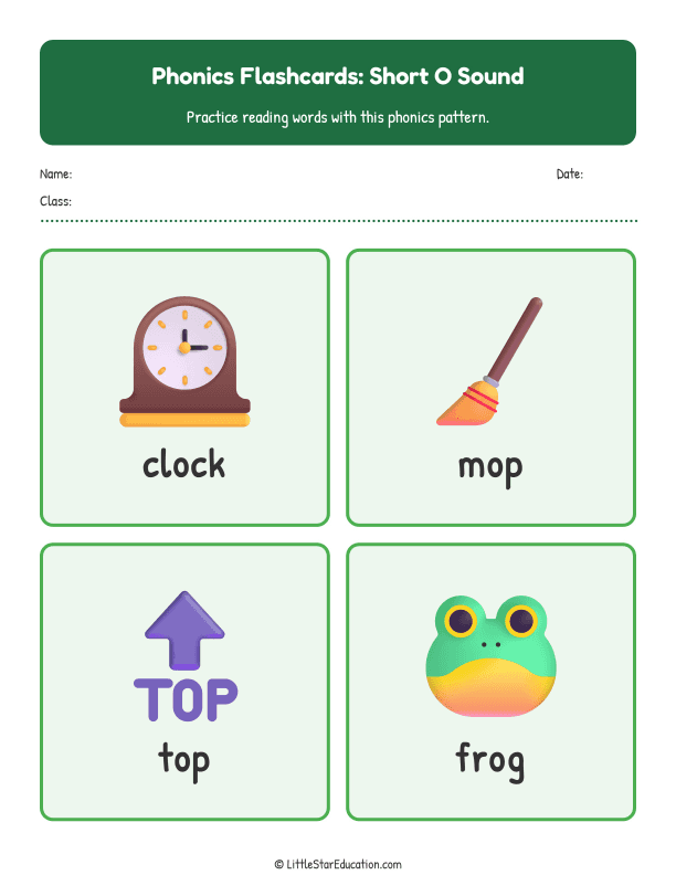 Elementary Phonics Flashcards Short O Sound