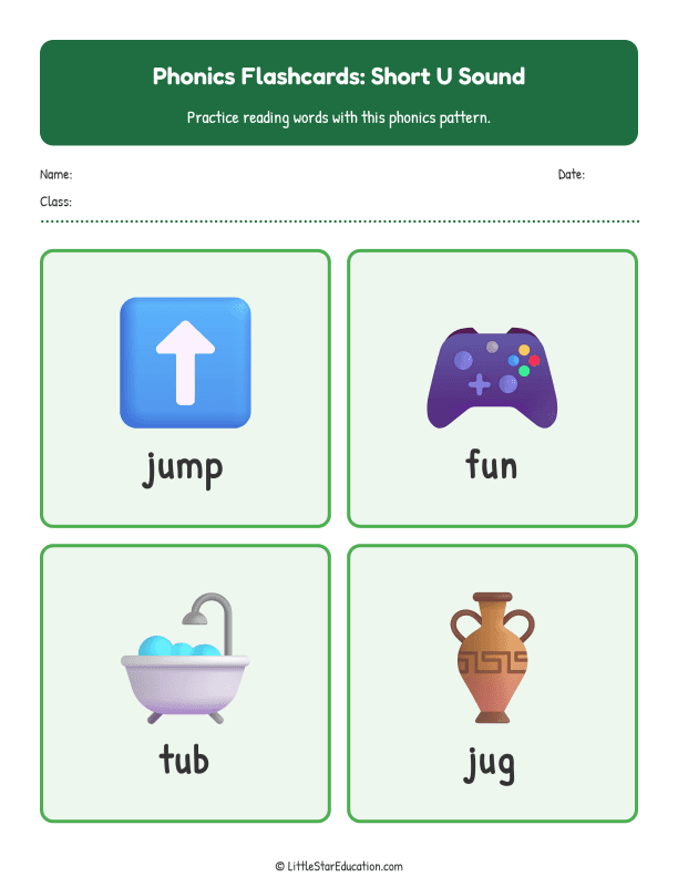 Elementary Phonics Flashcards Short U Sound