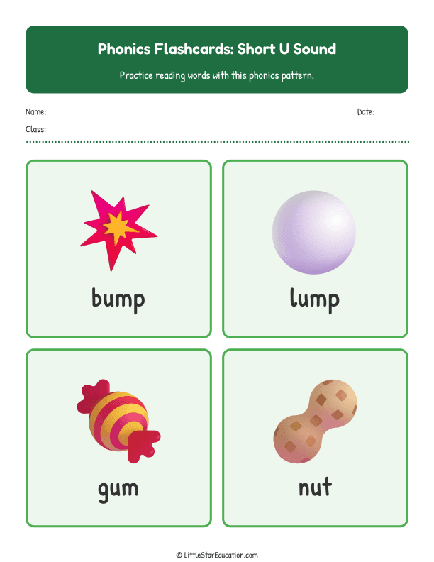 Elementary Phonics Flashcards Short U Sound