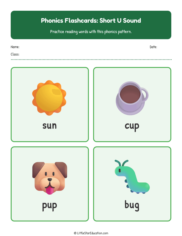 Elementary Phonics Flashcards Short U Sound