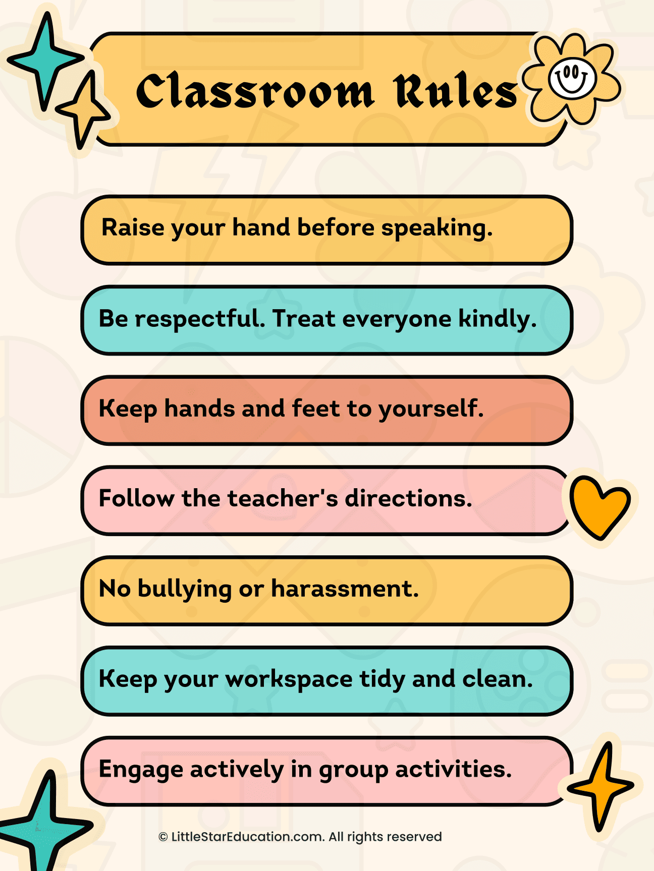 Classroom Rules Poster in Yellow Blue and Pink Retro Style