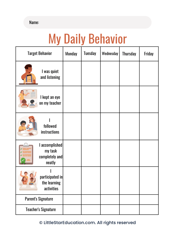 My Daily Behavior Chart – Orange Illustrative Character Education Worksheet