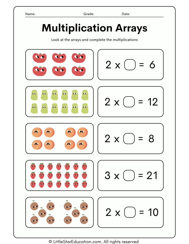 3rd Grade Multiplication with Arrays  Practice Worksheet