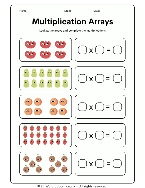 3rd Grade Multiplication with Arrays  Practice Worksheet