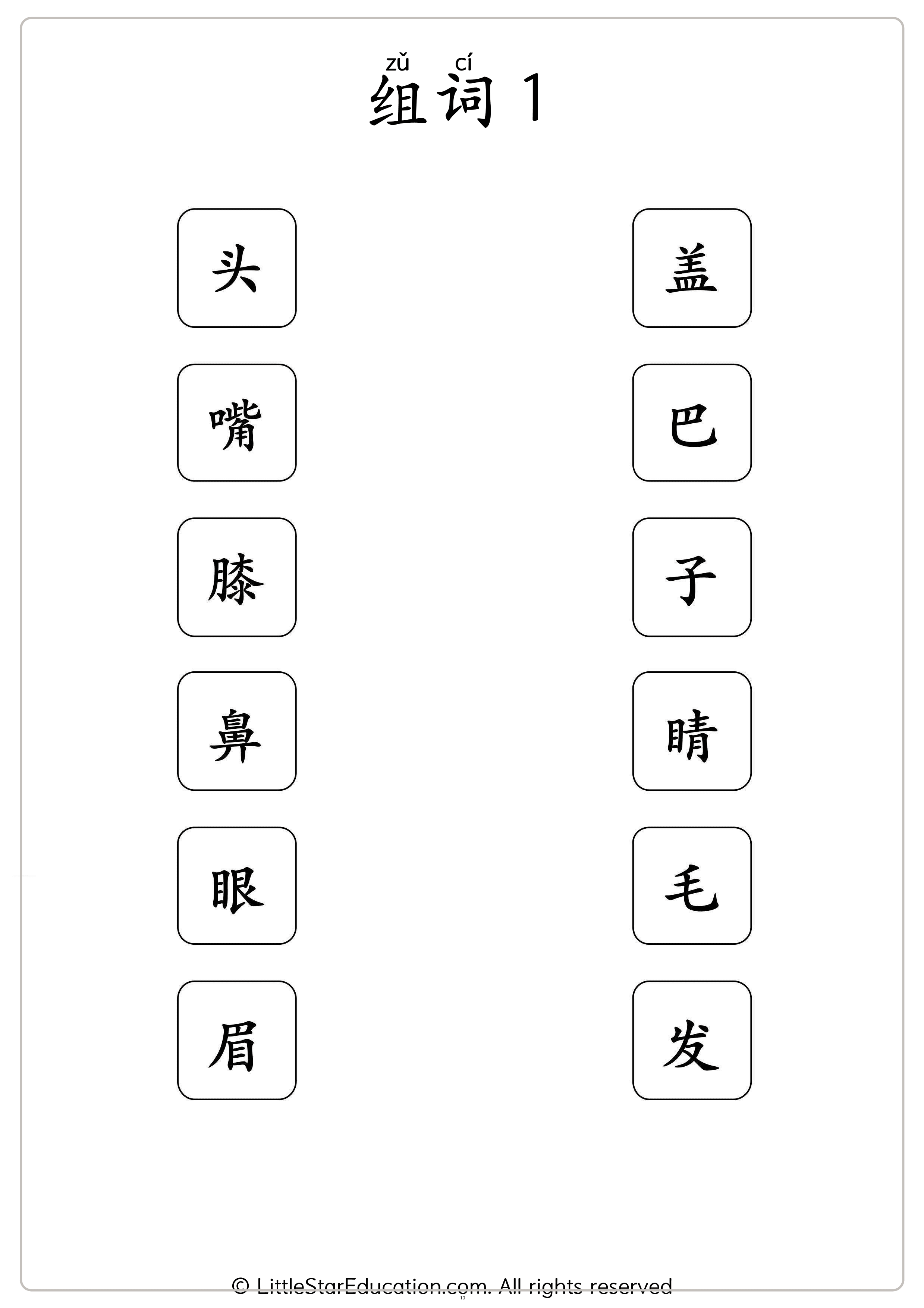Chinese Body Parts Vocabulary Workbook for Preschool and Kindergarten