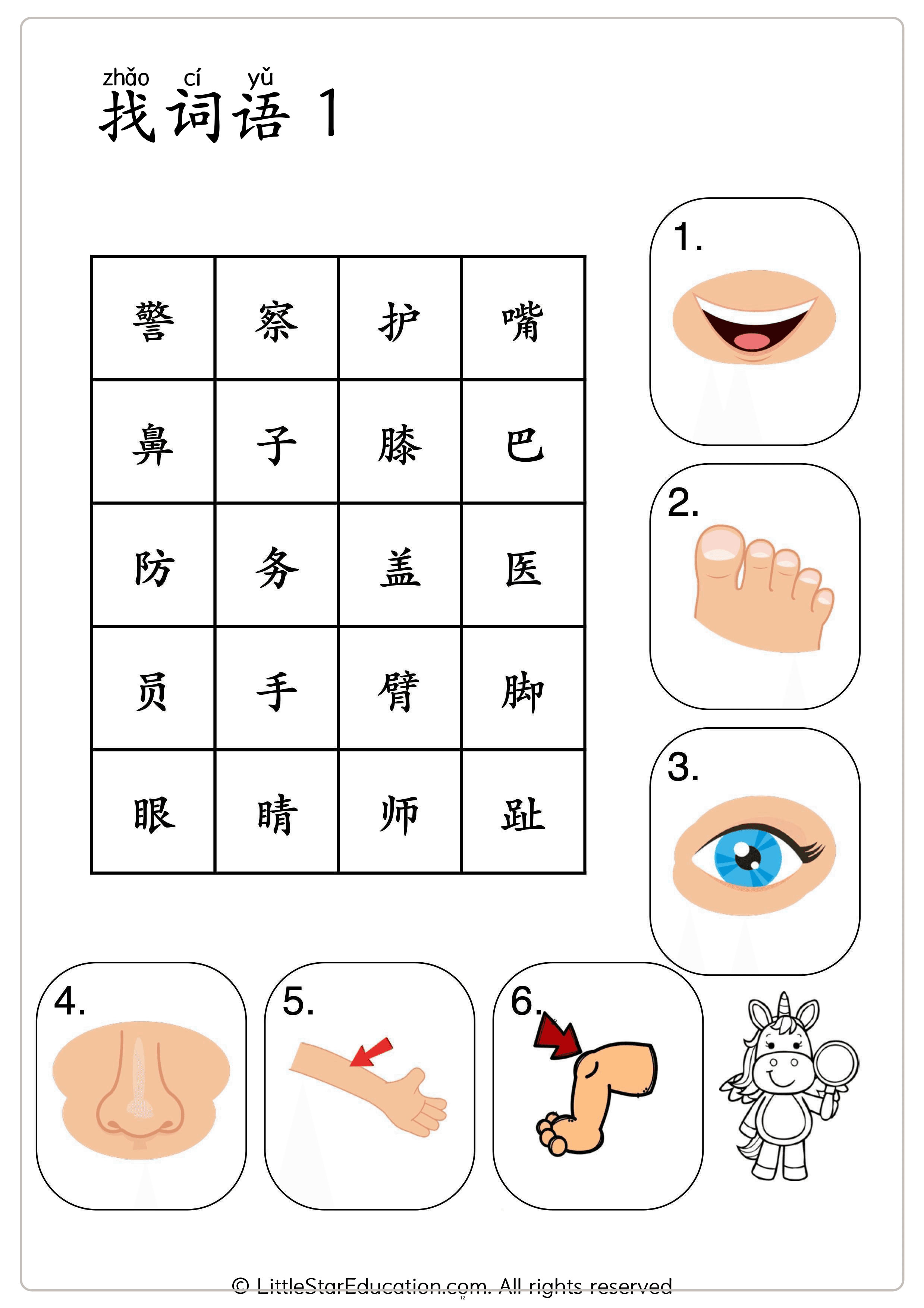 Chinese Body Parts Vocabulary Workbook for Preschool and Kindergarten