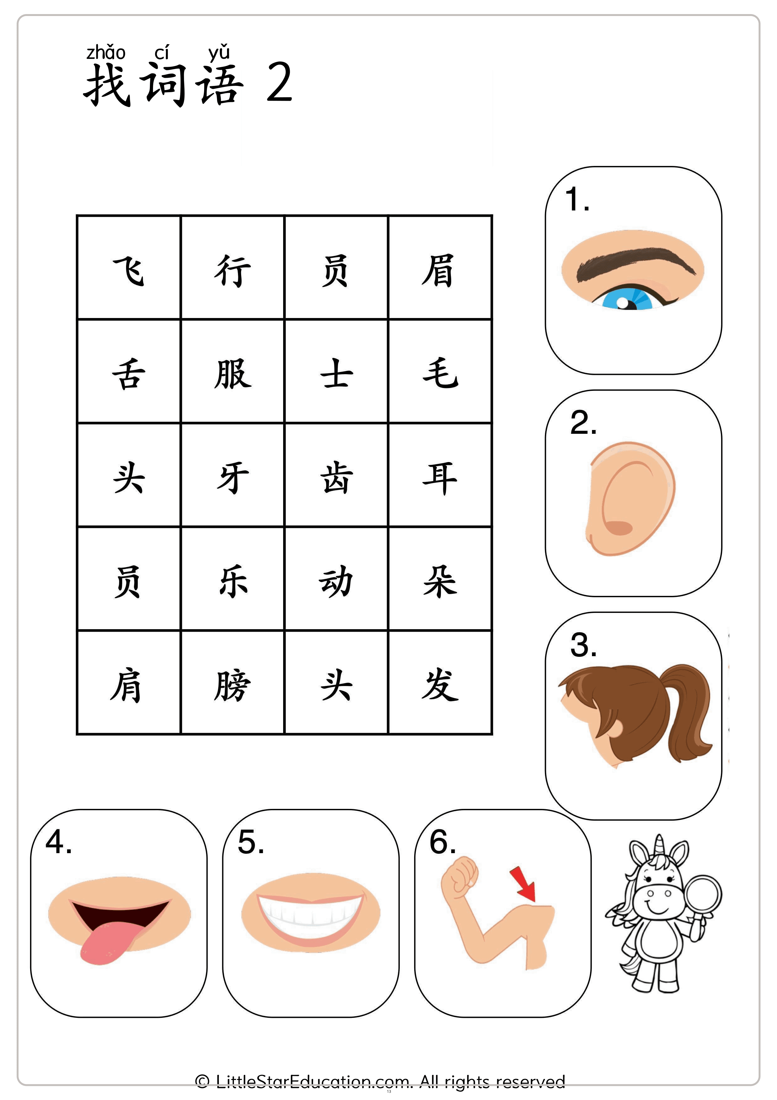 Chinese Body Parts Vocabulary Workbook for Preschool and Kindergarten