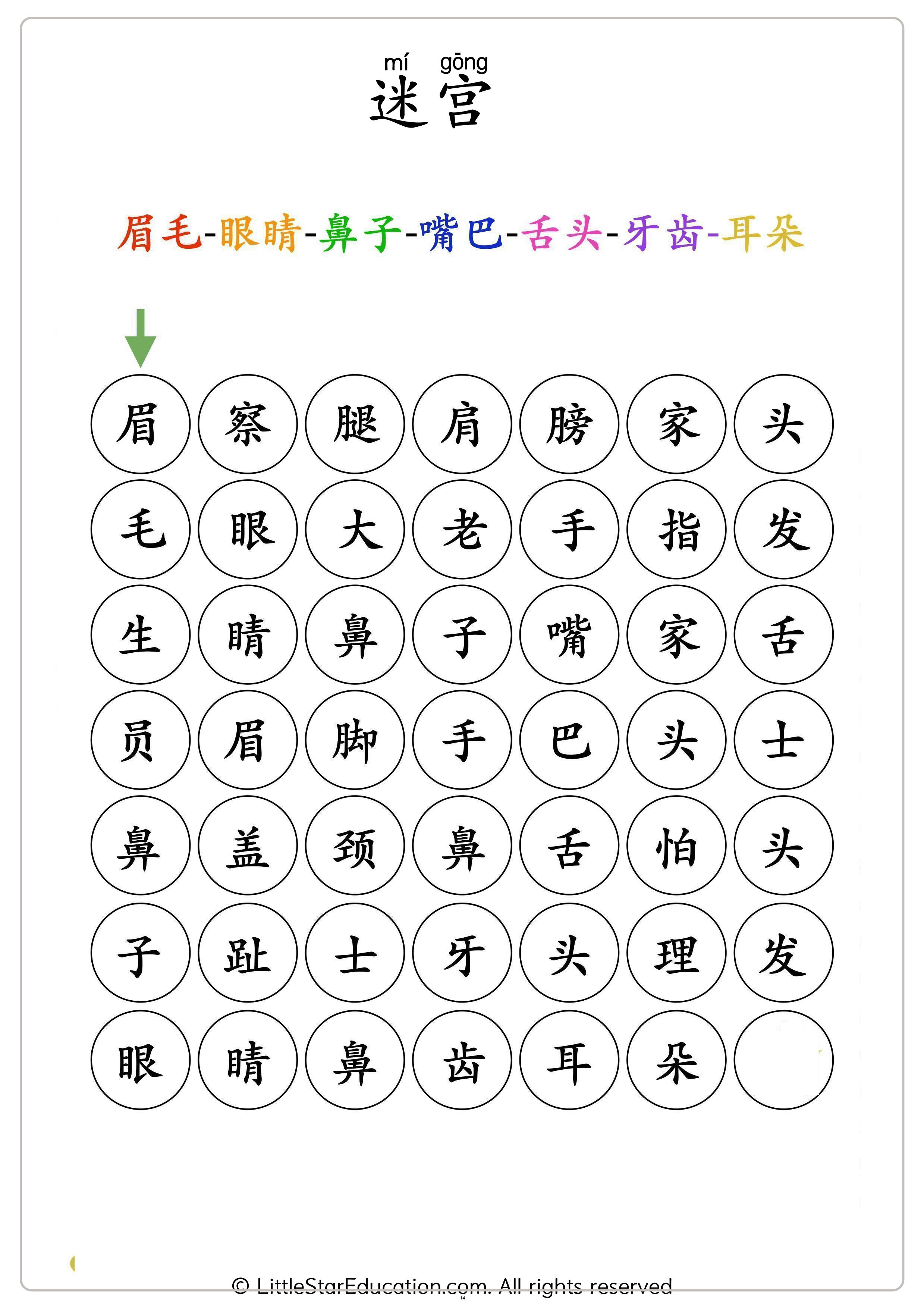 Chinese Body Parts Vocabulary Workbook for Preschool and Kindergarten