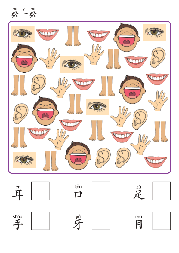 Chinese:  身体部位识字练习册 Chinese Body Parts Vocabulary and Writing Practice for Kids