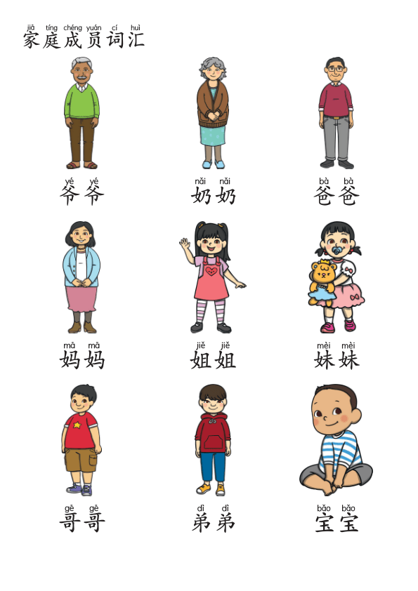 Chinese:  家庭成员识字练习册 Family Members Vocabulary and Writing Practice for Pre-K Kids