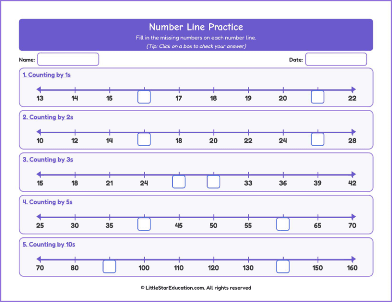Counting forward up to 100-Number Line Workbook with Answer Keys