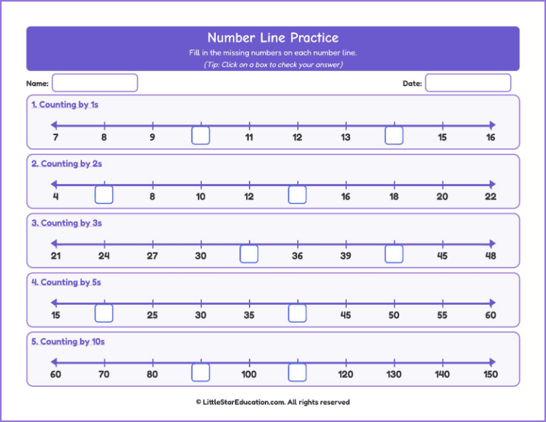 Counting forward up to 100-Number Line Workbook with Answer Keys