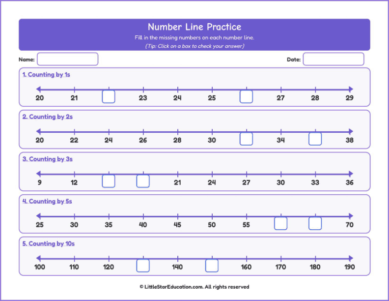 Counting forward up to 100-Number Line Workbook with Answer Keys