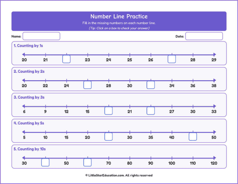 Counting forward up to 100-Number Line Workbook with Answer Keys