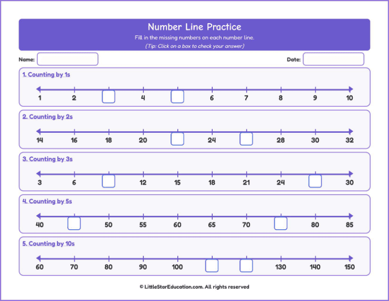 Counting forward up to 100-Number Line Workbook with Answer Keys