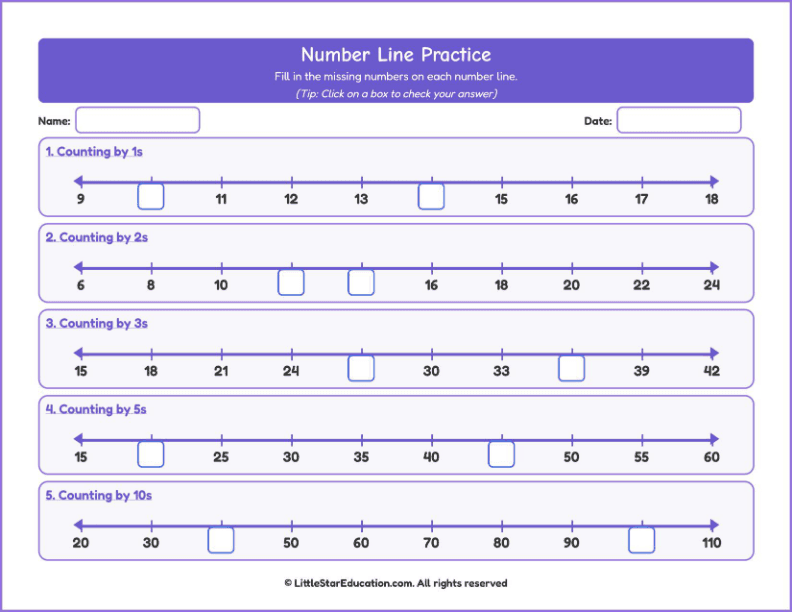 Counting forward up to 100-Number Line Workbook with Answer Keys