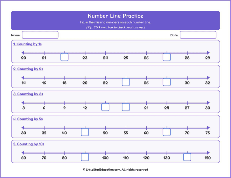 Counting forward up to 100-Number Line Workbook with Answer Keys