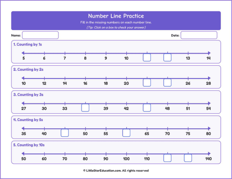 Counting forward up to 100-Number Line Workbook with Answer Keys