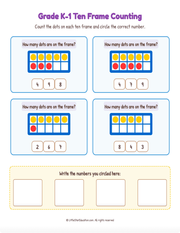 Grade K1 Ten Frame Counting 1 to 10  Workbook