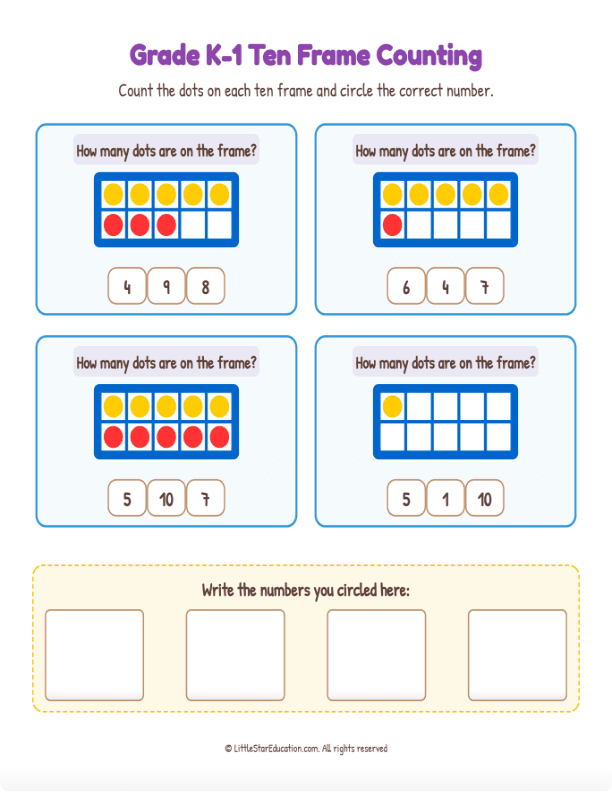 Grade K1 Ten Frame Counting 1 to 10  Workbook
