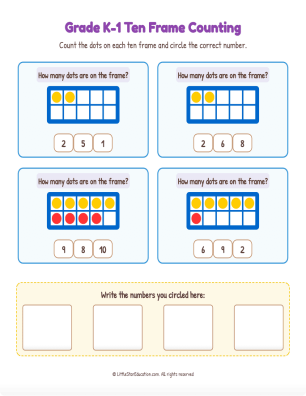 Grade K1 Ten Frame Counting 1 to 10  Workbook