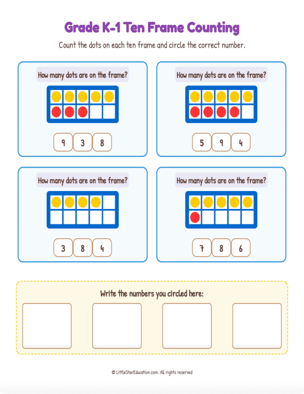 Grade K1 Ten Frame Counting 1 to 10  Workbook