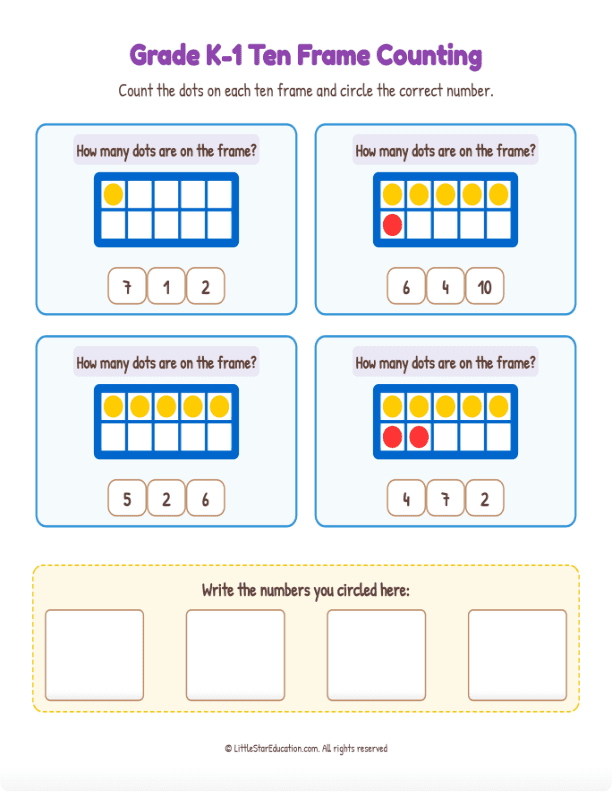 Grade K1 Ten Frame Counting 1 to 10  Workbook