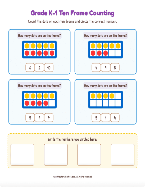 Grade K1 Ten Frame Counting 1 to 10  Workbook