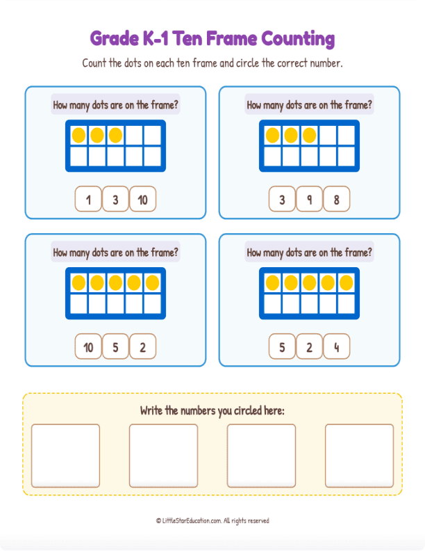 Grade K1 Ten Frame Counting 1 to 10  Workbook