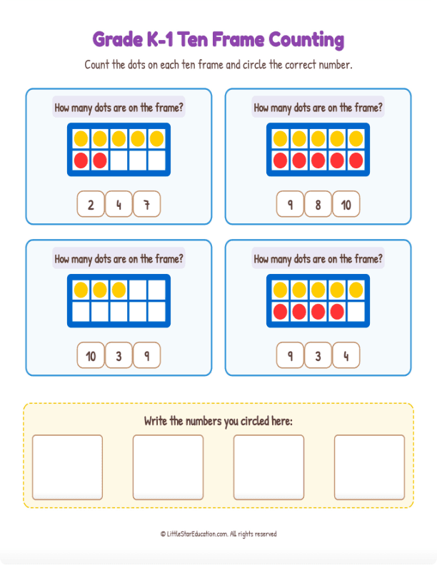 Grade K1 Ten Frame Counting 1 to 10  Workbook