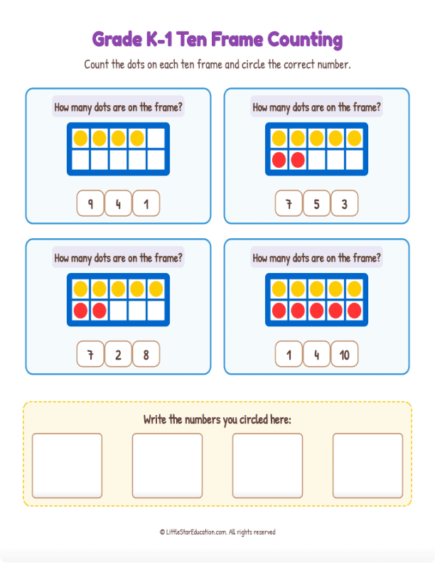 Grade K1 Ten Frame Counting 1 to 10  Workbook