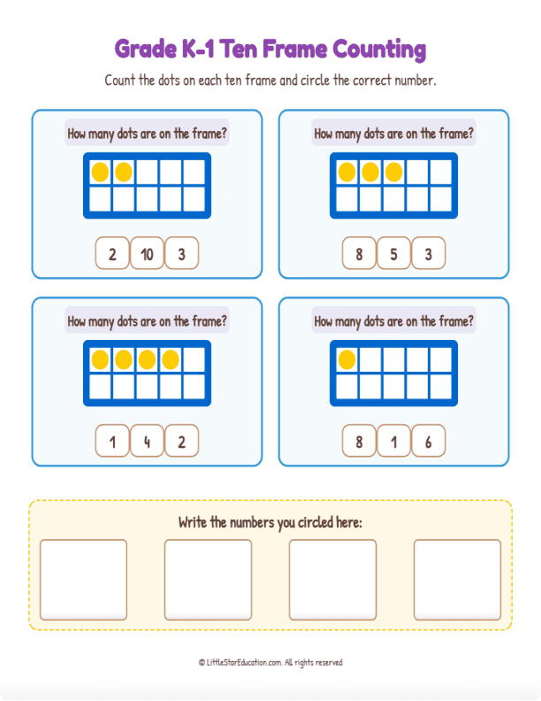 Grade K1 Ten Frame Counting 1 to 10  Workbook