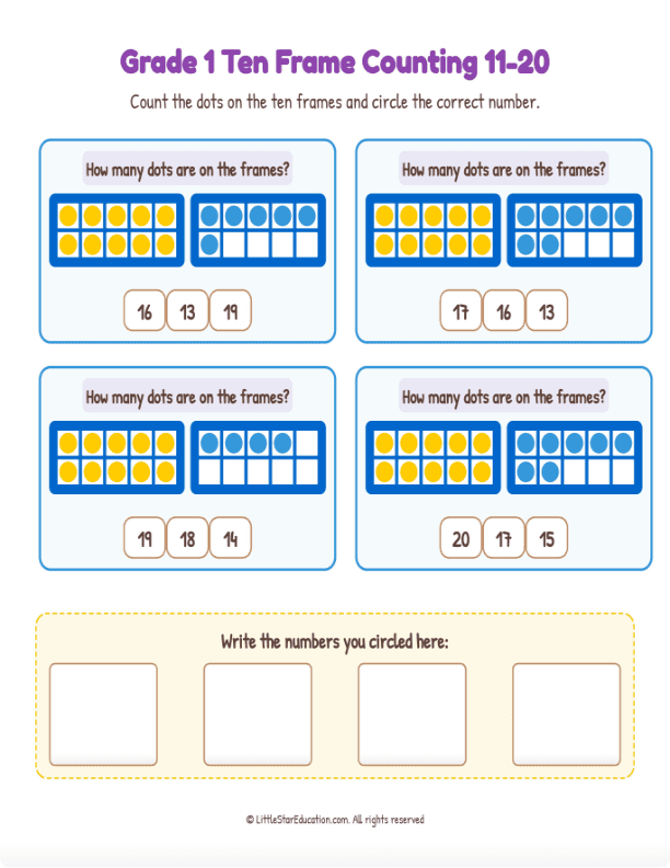 Grade K-1 Double Ten Frame Counting 11 to 20  Workbook
