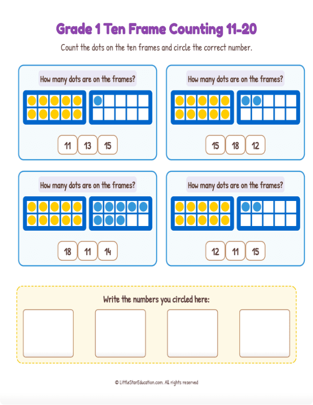 Grade K-1 Double Ten Frame Counting 11 to 20  Workbook