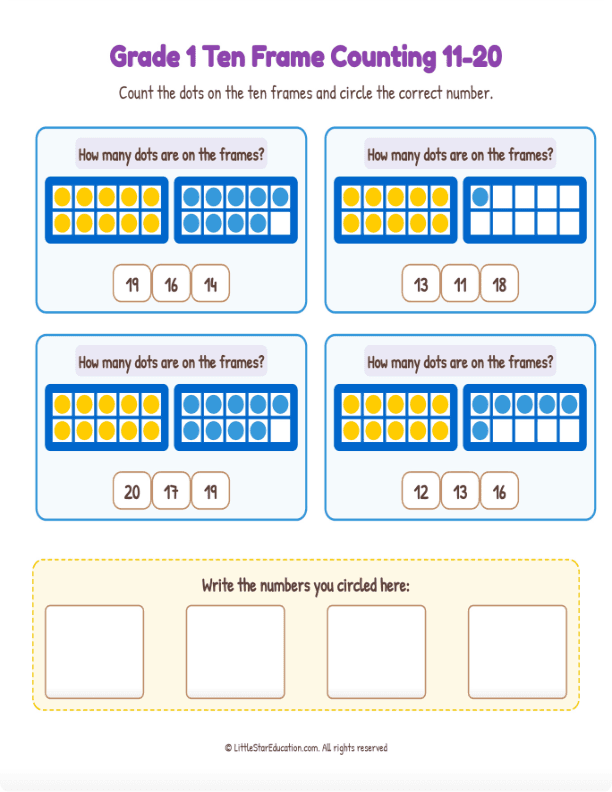 Grade K-1 Double Ten Frame Counting 11 to 20  Workbook