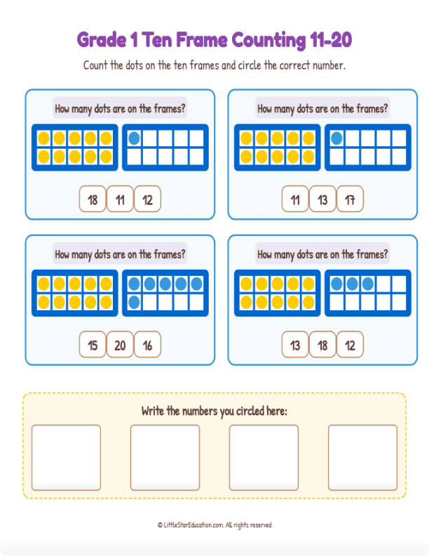 Grade K-1 Double Ten Frame Counting 11 to 20  Workbook