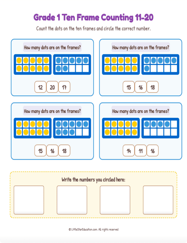 Grade K-1 Double Ten Frame Counting 11 to 20  Workbook