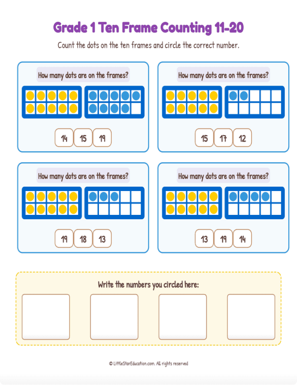 Grade K-1 Double Ten Frame Counting 11 to 20  Workbook