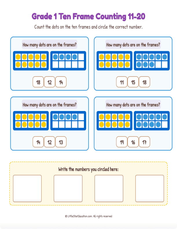Grade K-1 Double Ten Frame Counting 11 to 20  Workbook