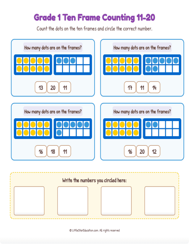 Grade K-1 Double Ten Frame Counting 11 to 20  Workbook