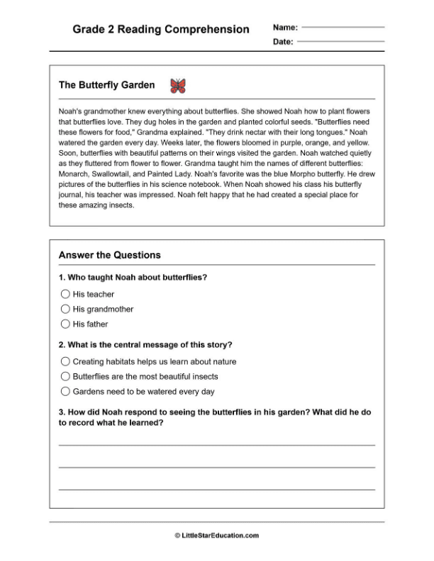 Grade 2 Reading Comprehension Workbook- Level 1