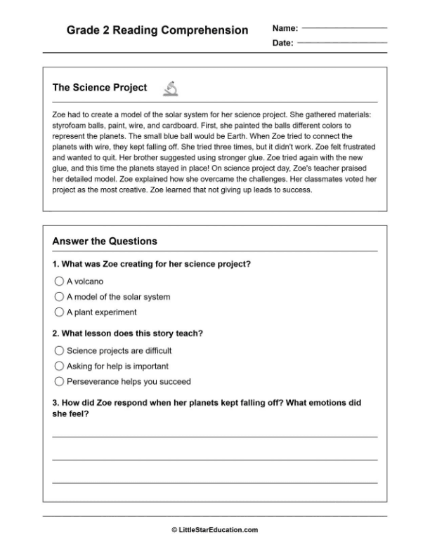 Grade 2 Reading Comprehension Workbook- Level 1