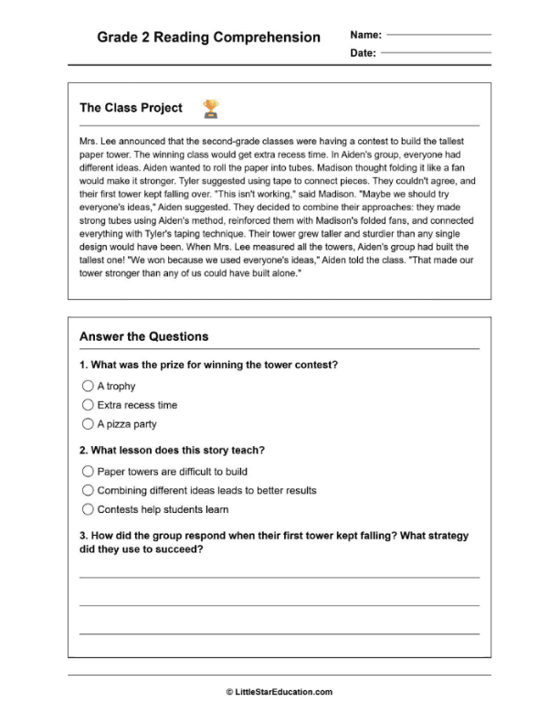 Grade 2 Reading Comprehension Workbook- Level 1