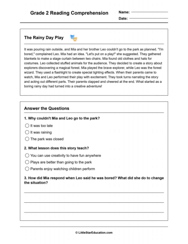 Grade 2 Reading Comprehension Workbook- Level 1