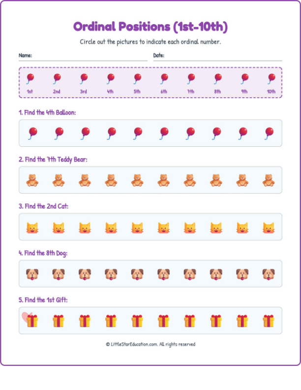 Ordinal Positions Workbook with Answers: (1st-10th)