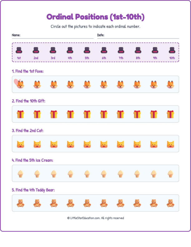 Ordinal Positions Workbook with Answers: (1st-10th)