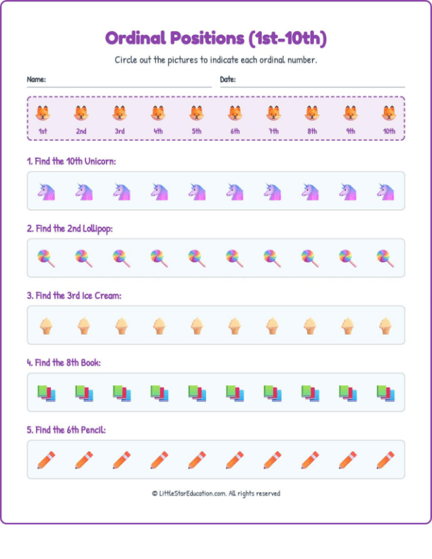 Ordinal Positions Workbook with Answers: (1st-10th)