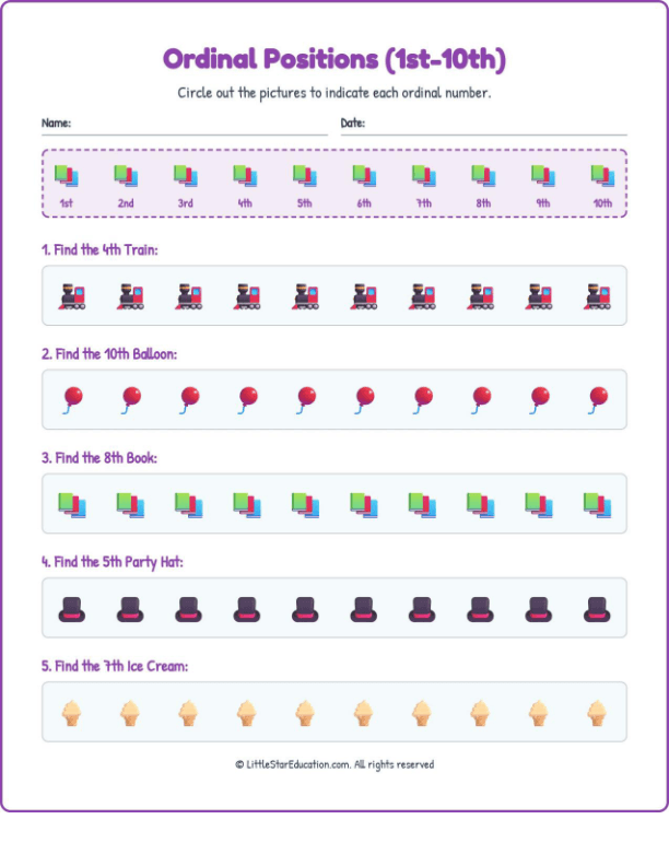 Ordinal Positions Workbook with Answers: (1st-10th)