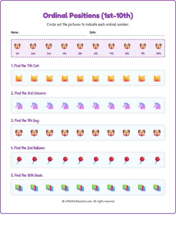 Ordinal Positions Workbook with Answers: (1st-10th)